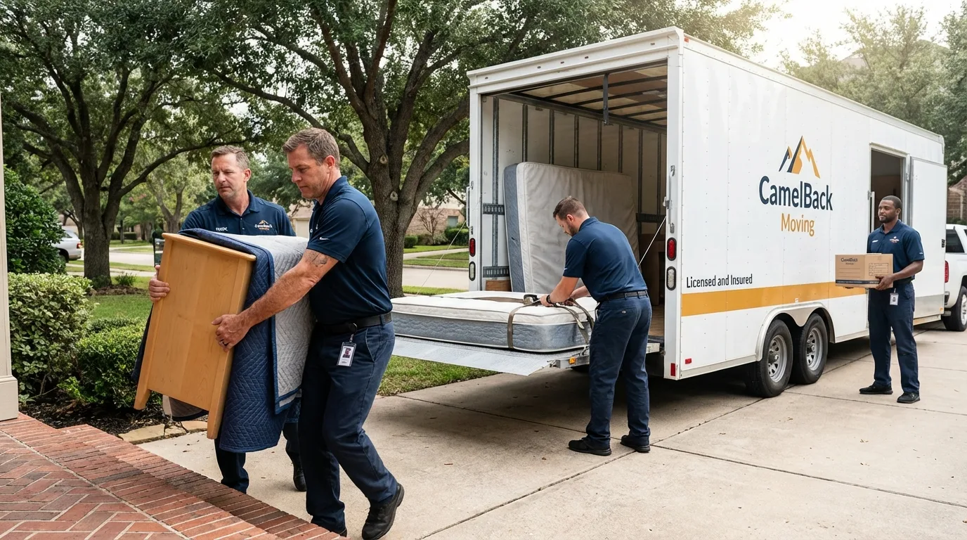 Crew loading residential truck for cross-state move from Horace, ND