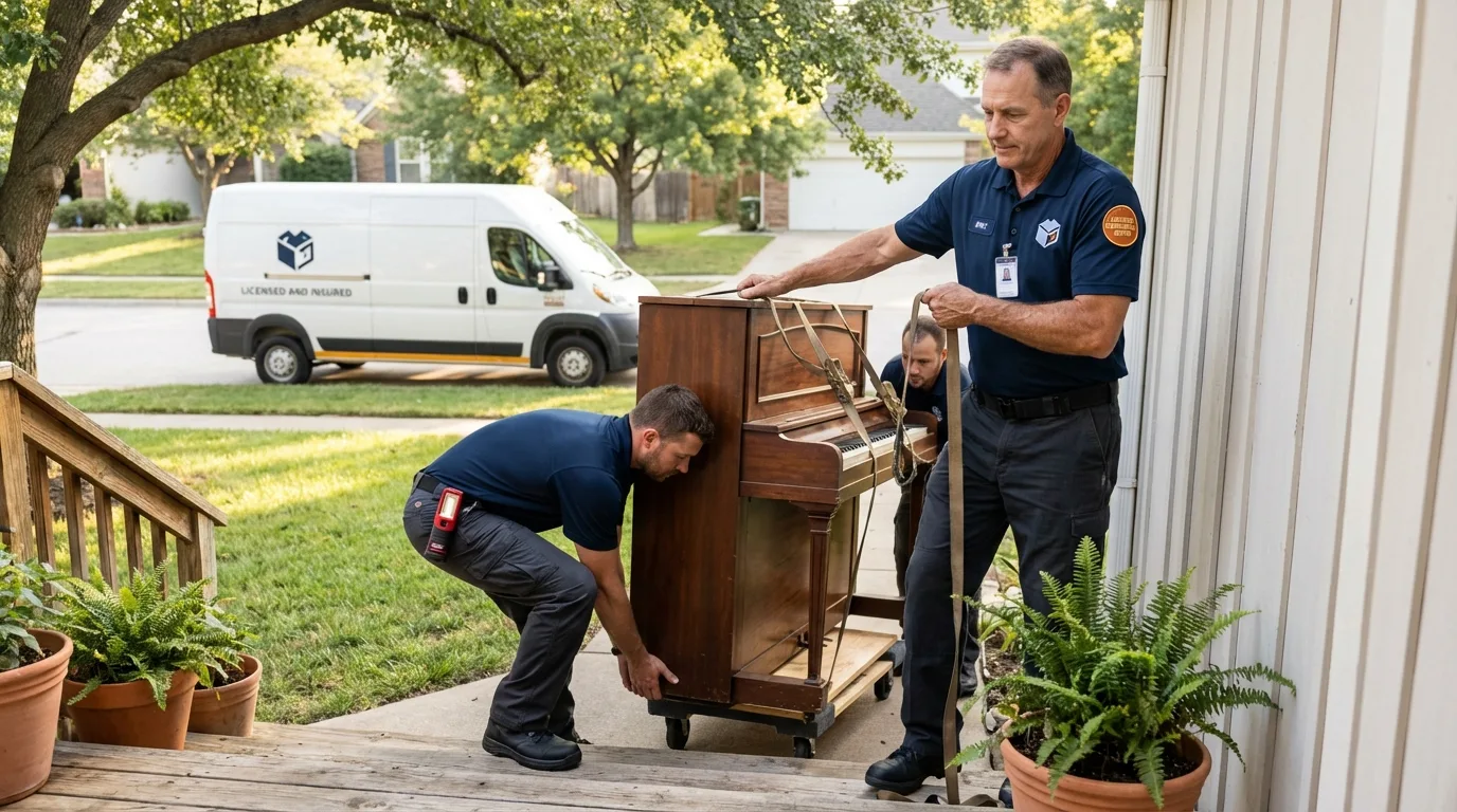 Licensed piano movers securing grand piano in Horace, ND