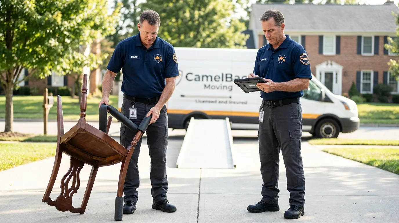 Movers inspecting furniture for damage prevention before loading in Horace, ND